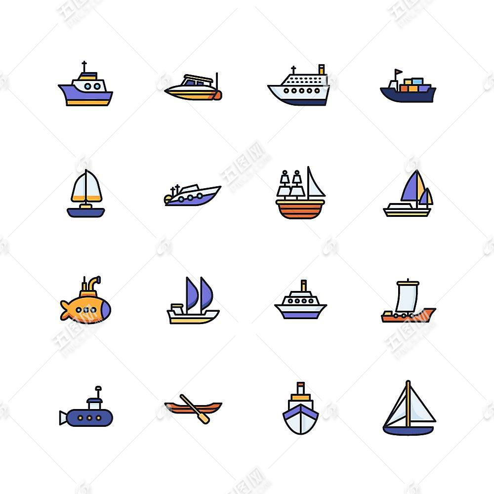 帆船轮船潜水艇货船主题可爱简洁线条交通工具主题ui图标设计图片