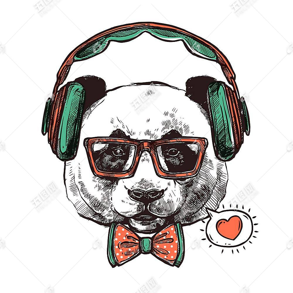 戴耳机的熊猫矢量插画图片